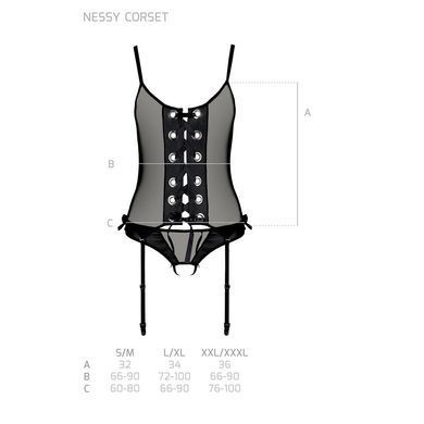 Корсет со шнуровкой Passion NESSY CORSET L/XL black, стринги с открытым доступом, пажи для чулок SO8454 фото