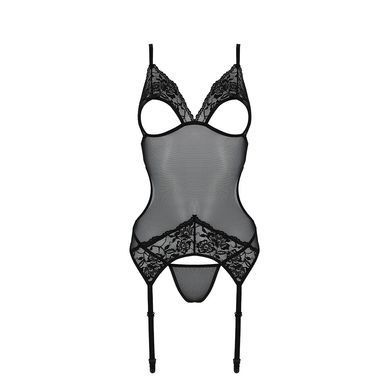 Корсет с подвязками и ажурным лифом Passion CHRISTA CORSET S/M, black, стринги в комплекте SO5757 фото