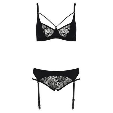 Комплект белья Passion PAULINE SET L/XL, black, стрэпы, лиф, стринги и пояс для чулок EL15804 фото